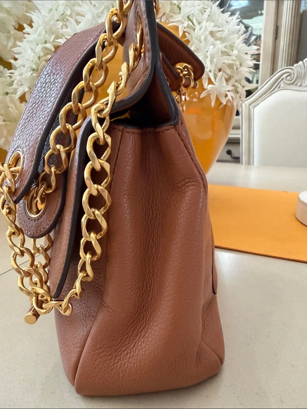 Tory Burch Brown Leather Shoulder Bag with Gold Chain